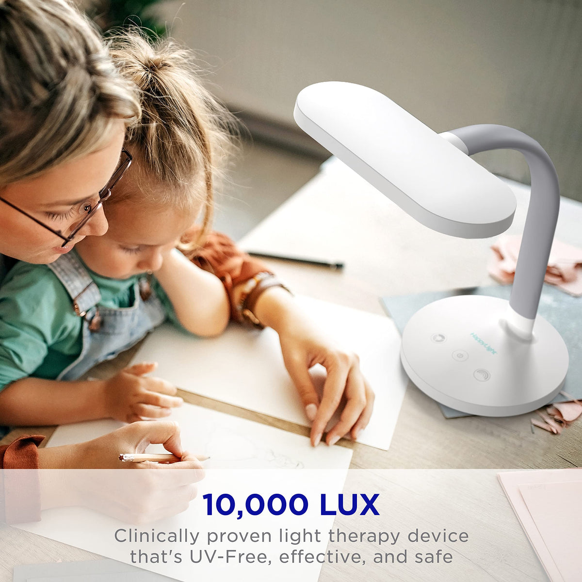 HappyLight Duo delivers up to 10,000 lux for bright, focused reading.
