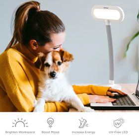Flexible gooseneck supports ergonomic positioning for tasks and computer work.