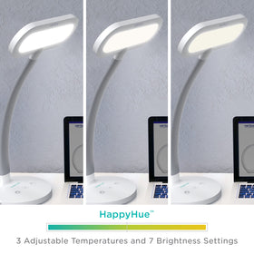 Integrated USB port keeps devices charged during late-night work.