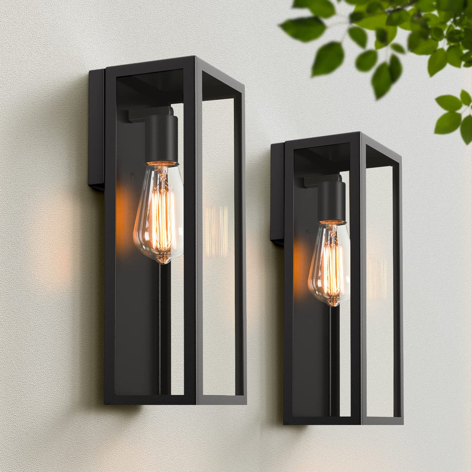 VerRon two-pack outdoor lanterns glow at the front entry with a matte black finish.