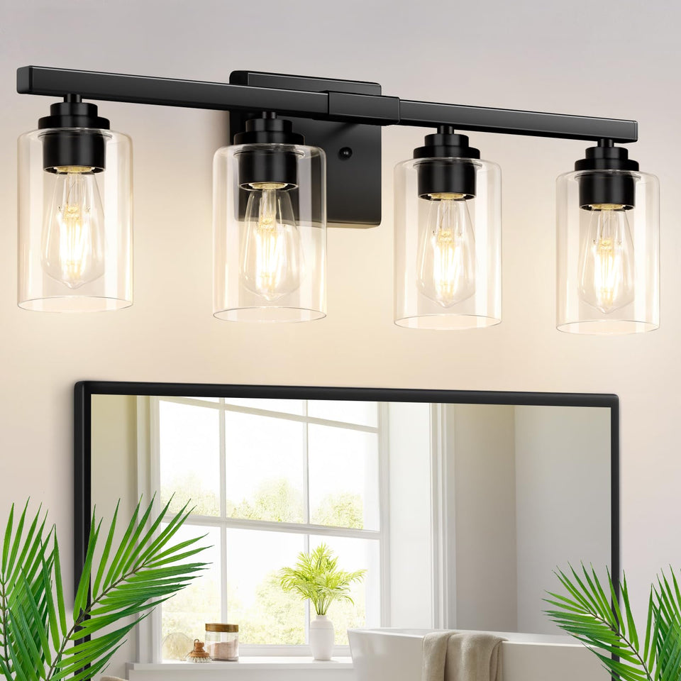 VerRon 4 Lights bathroom fixture with matte black finish and clear glass shades for a modern look