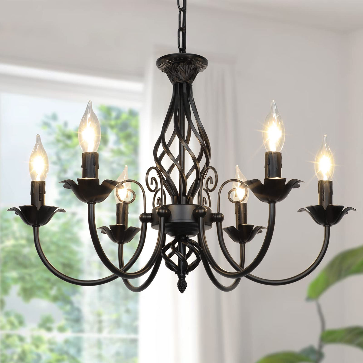 VerRon 6-light farmhouse chandelier in black adds rustic charm and warm ambiance.