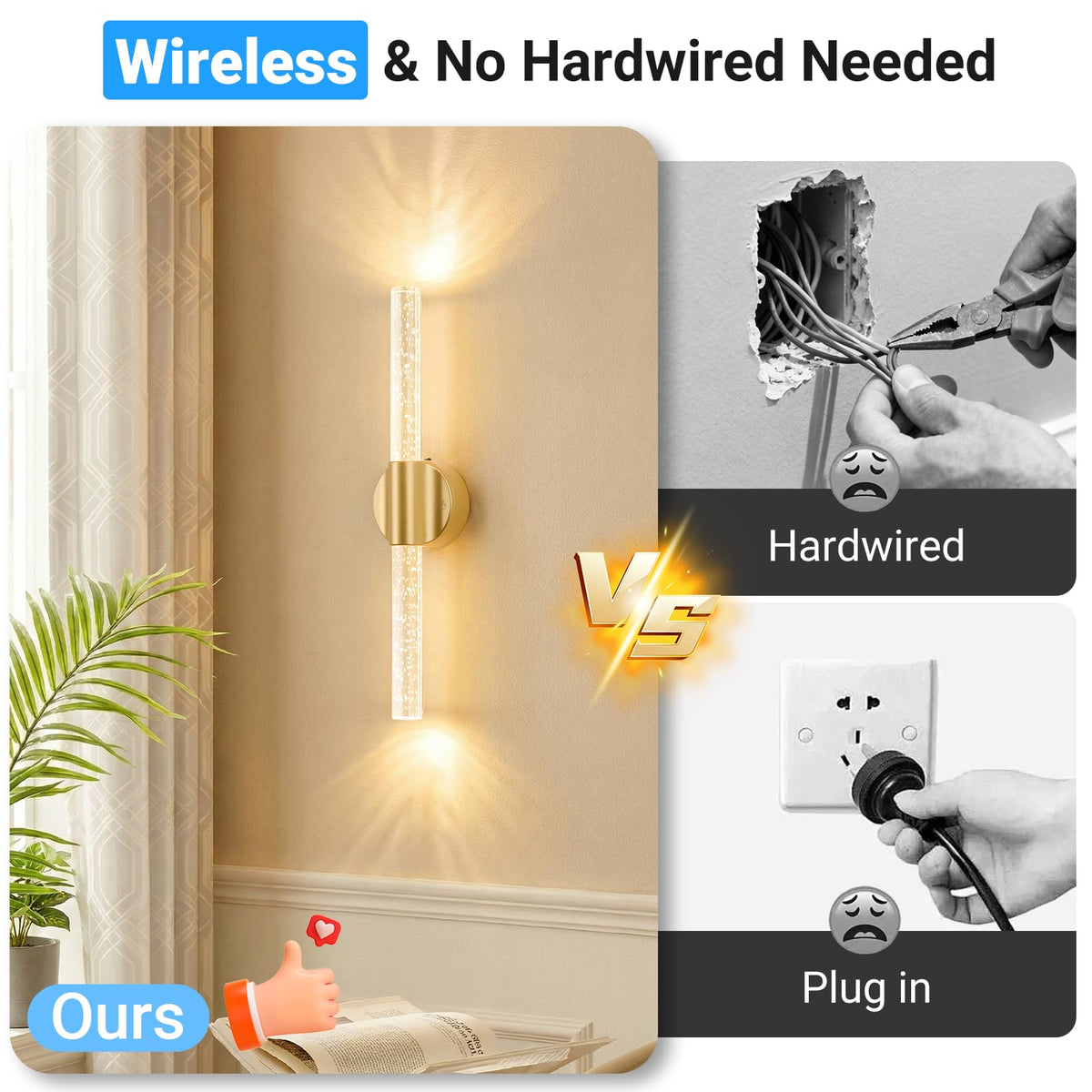 VerRon rechargeable wall light with USB-C for cord-free lighting.