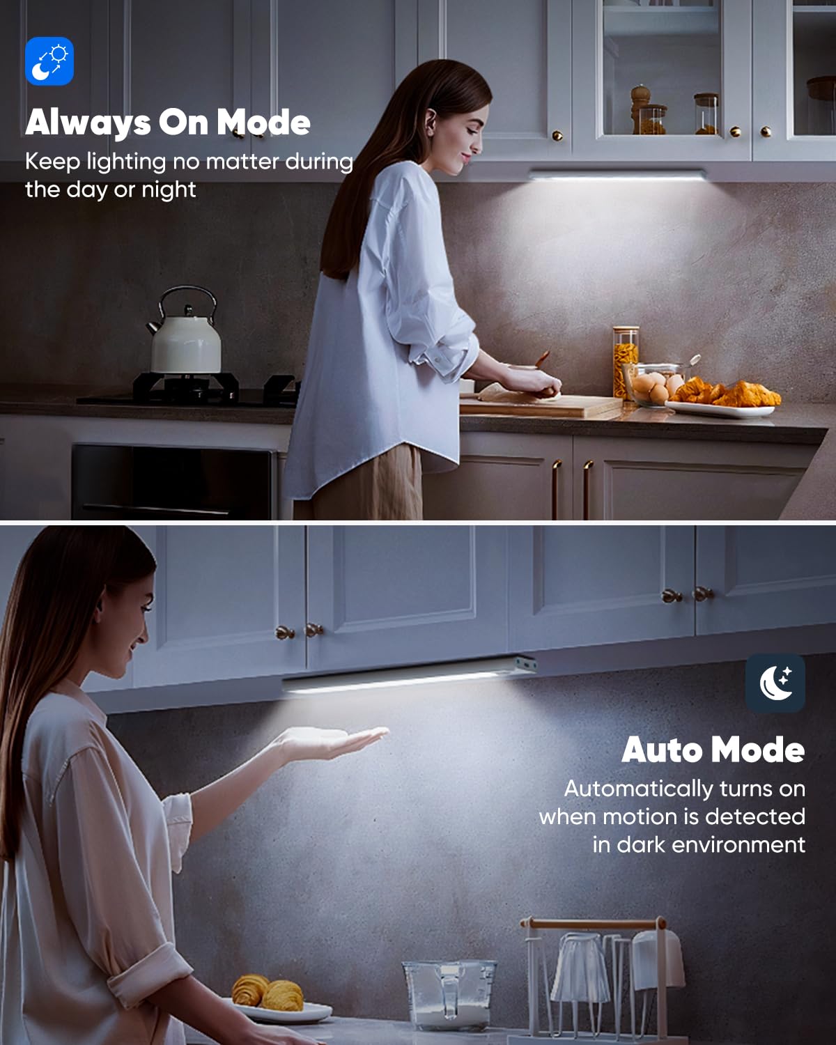 VerRon under-cabinet light always-on mode provides continuous task lighting