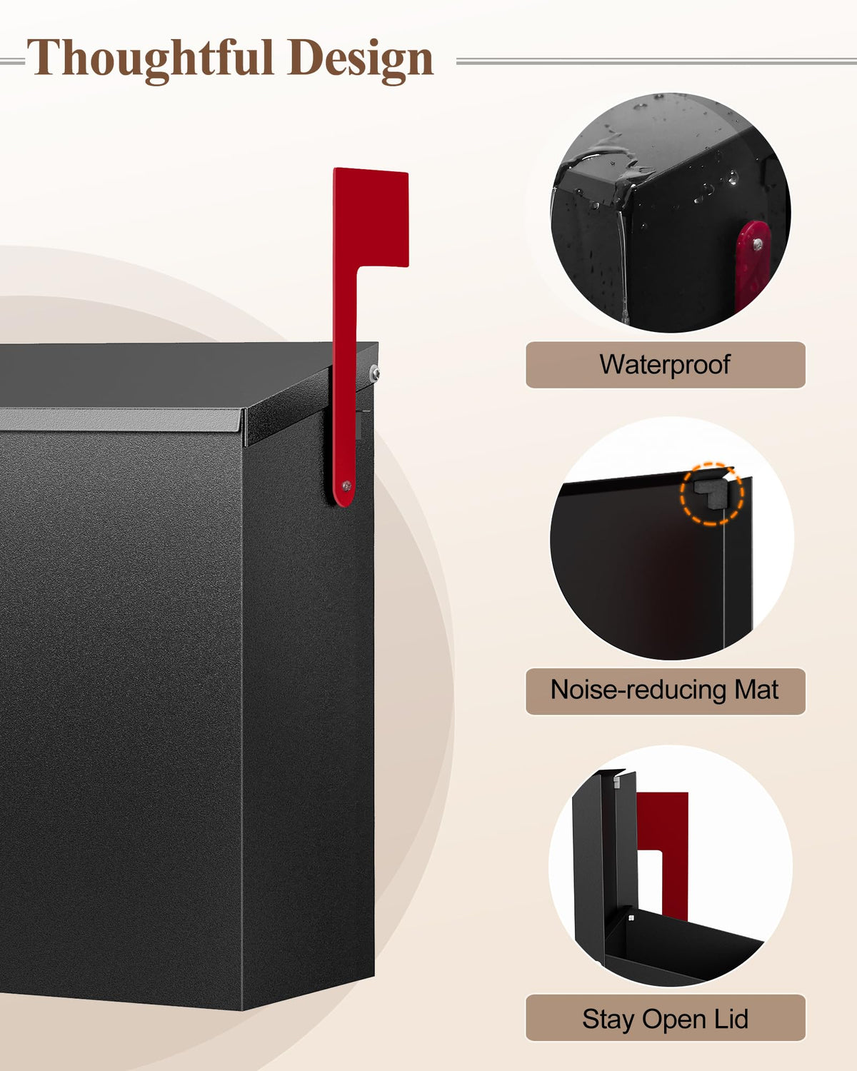 VERSASKY lid-silence close-up emphasizes weather-resistant coating and quiet operation