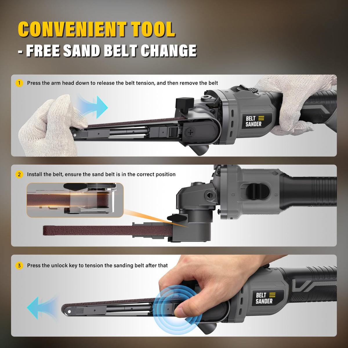 1/2-inch by 18-inch belt enables efficient material removal on large surfaces.