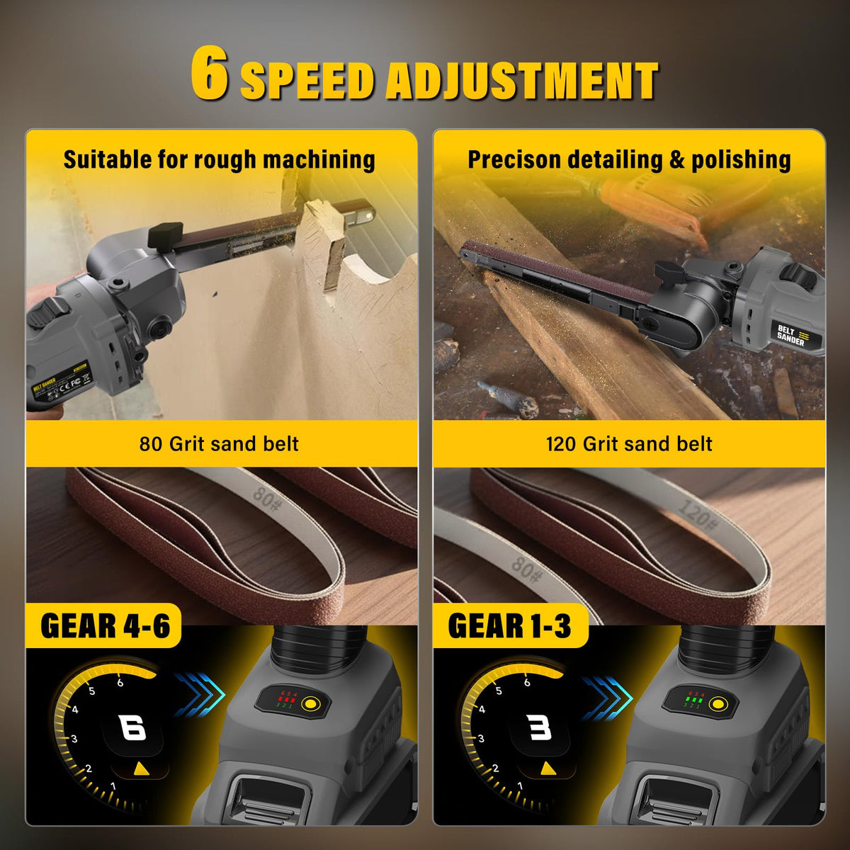 Tool-free belt change enables quick belt swaps during work.