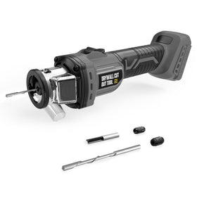 VERVEWAVE cordless drywall cut-out tool demonstrating battery compatibility with DEWALT 20V models