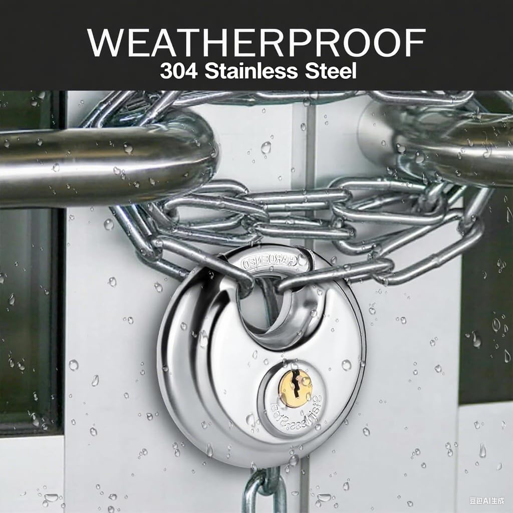 Closeup of Vervvida discus padlock showing durable stainless steel construction.