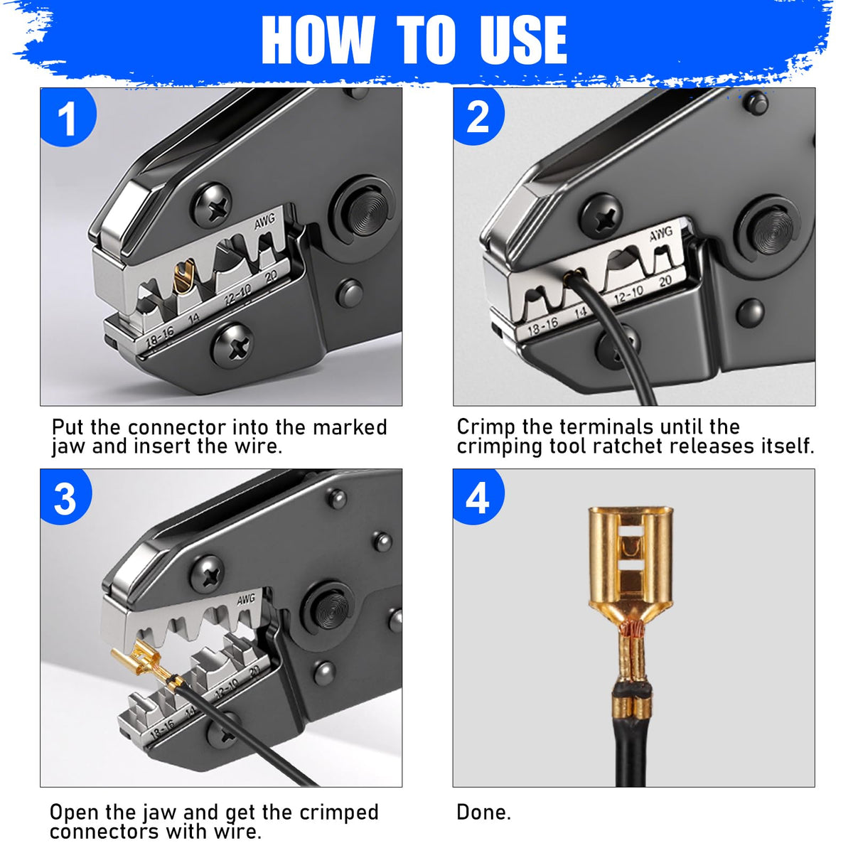 Vesmikit crimping tool adjustable crimp force for different wire sizes and connectors.