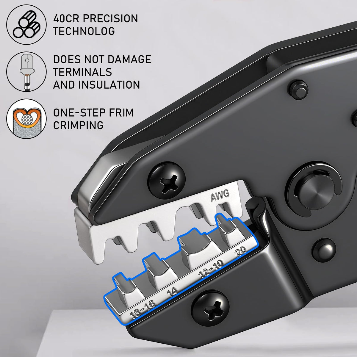 Vesmikit crimping tool ergonomic non-slip handle improves control during long crimping sessions.