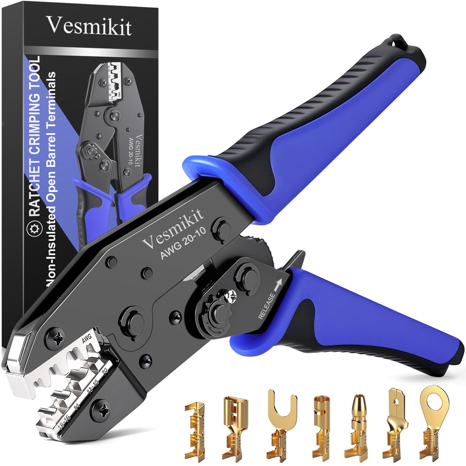 Vesmikit crimping tool non insulated open-barrel terminals for sturdy, repeatable crimps.