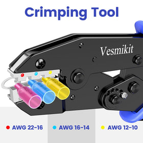 Vesmikit ratcheting-crimping-jaws-closeup demonstrates secure, one-pass crimps.