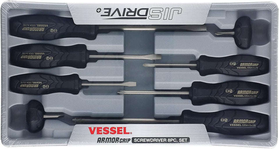 VESSEL Armor Grip screwdriver 8pc set for precise JIS screw fits and organized storage.