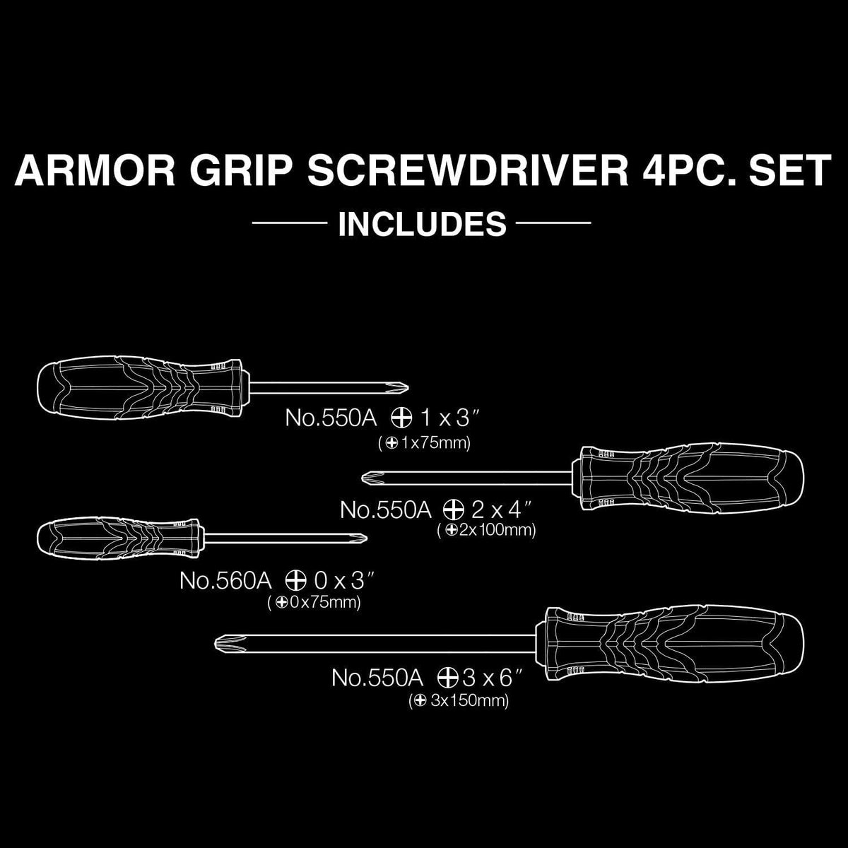 Magnetized tip on VESSEL Armor Grip cross point screwdriver for easy part handling.