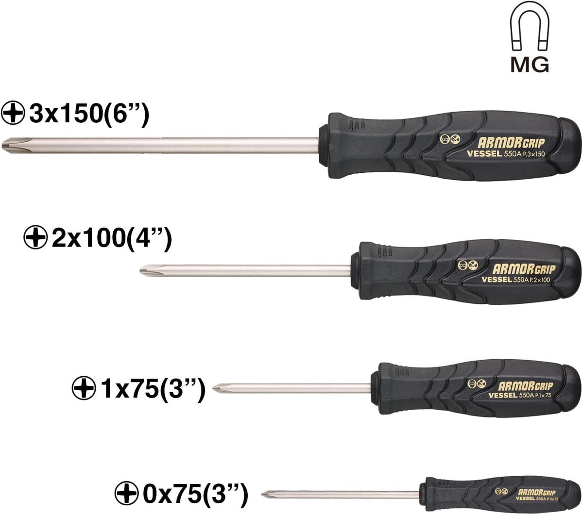 Cr-V alloy shaft on VESSEL Armor Grip set emphasizes wear resistance.