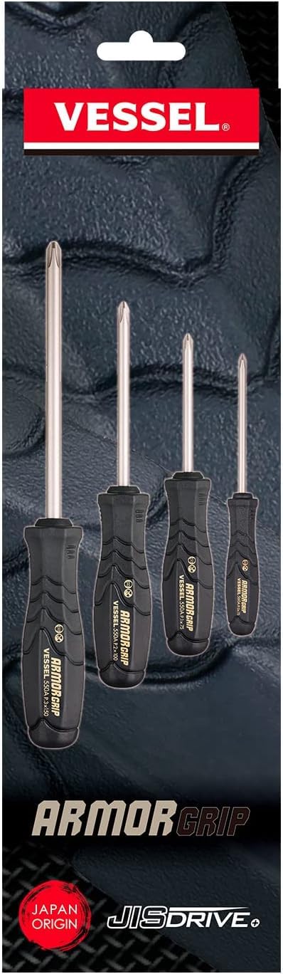VESSEL Armor Grip cross point 4pc set angled for precise JIS drive fitting.