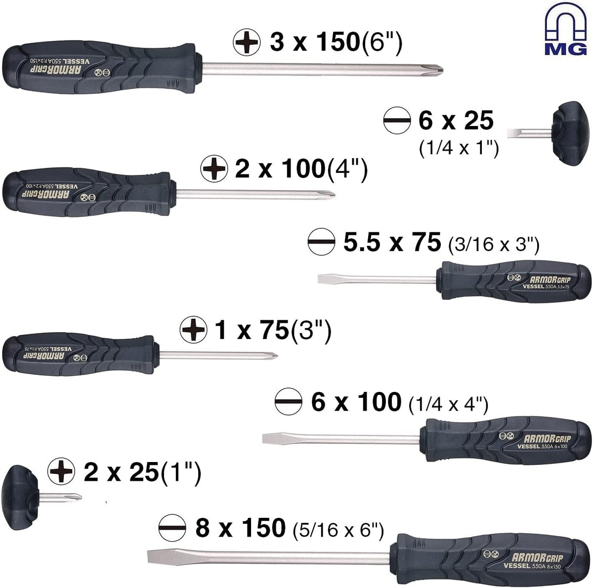 VESSEL Armor Grip screwdriver JIS-Drive tips for accurate fits in Japanese screws.