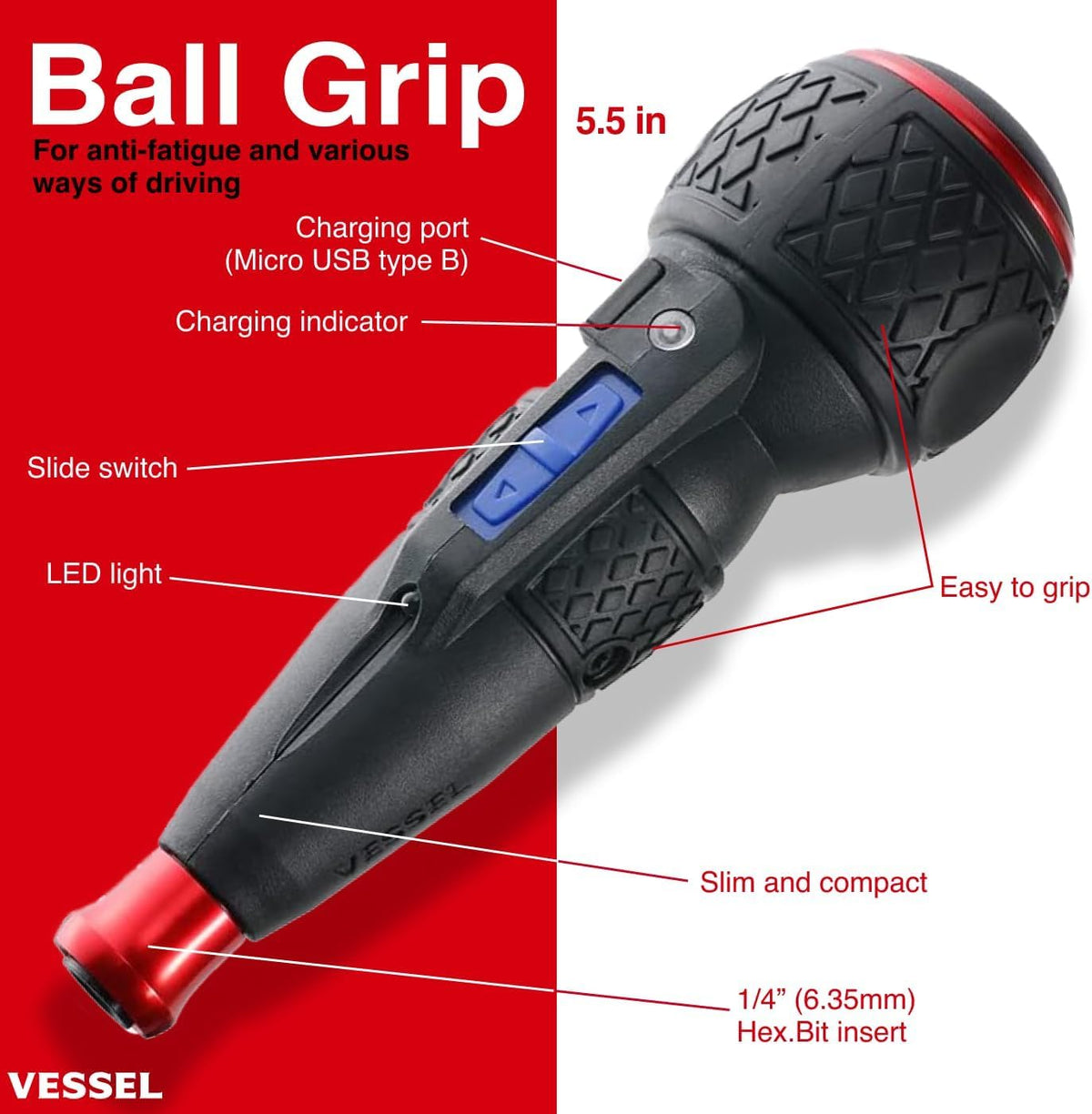VESSEL e-ASSIST Screwdriver USB charging keeps it ready.