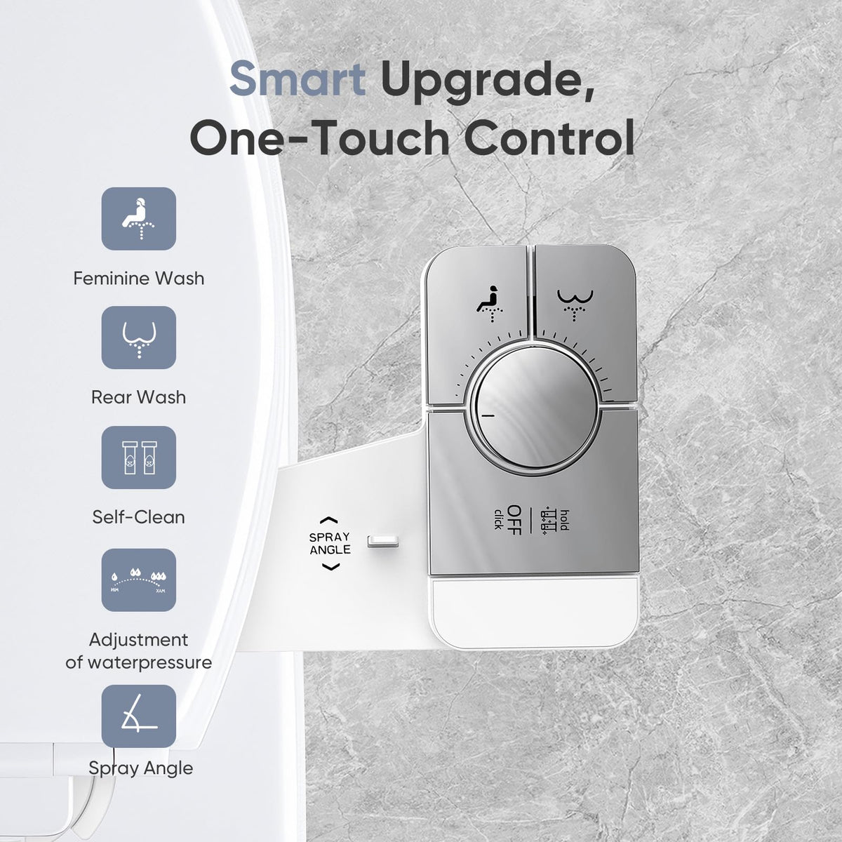Vestomeli bidet shows adjustable water spray to tailor pressure for comfort.