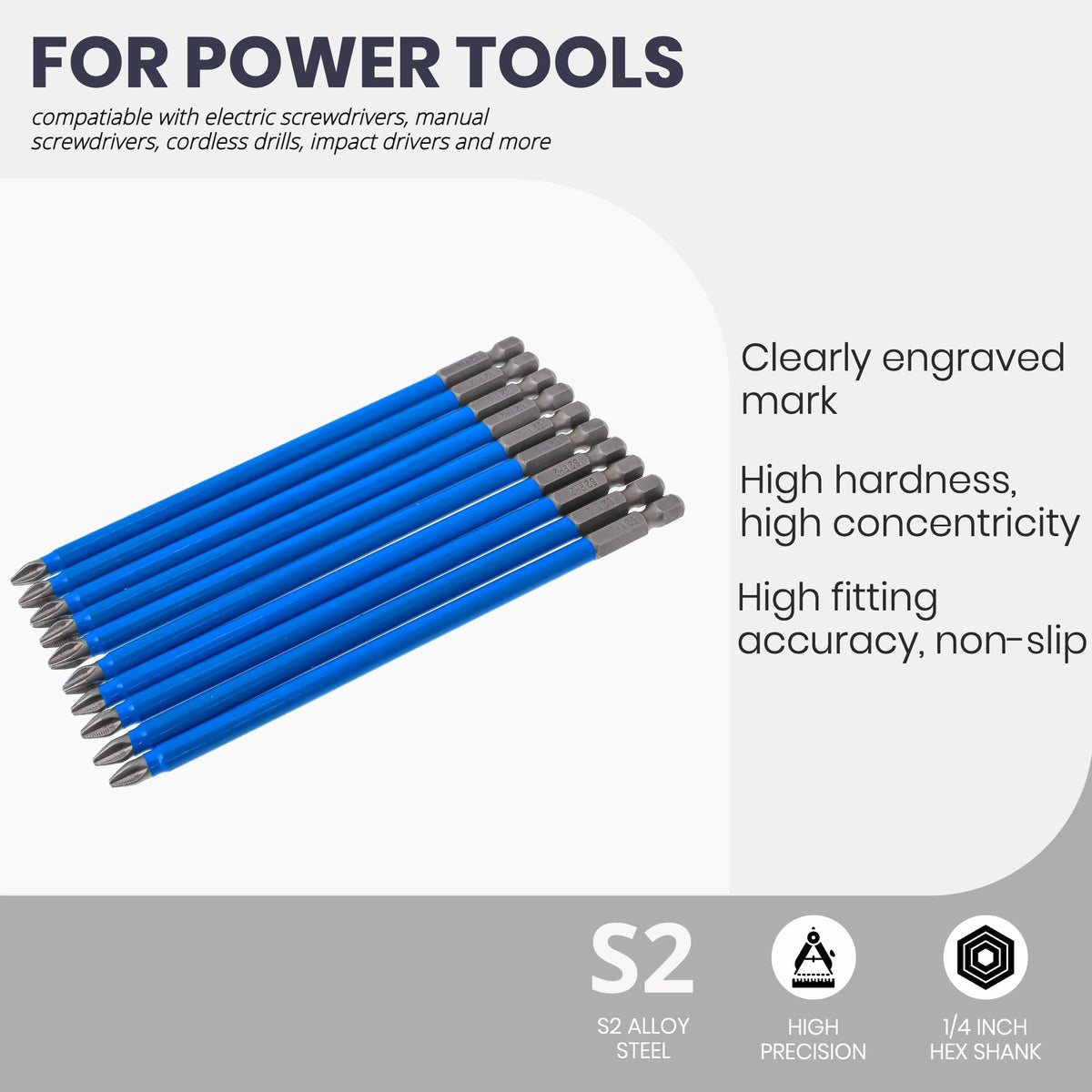 VESTTIO S2 steel PH2 bits with sandblasted finish for durable performance.