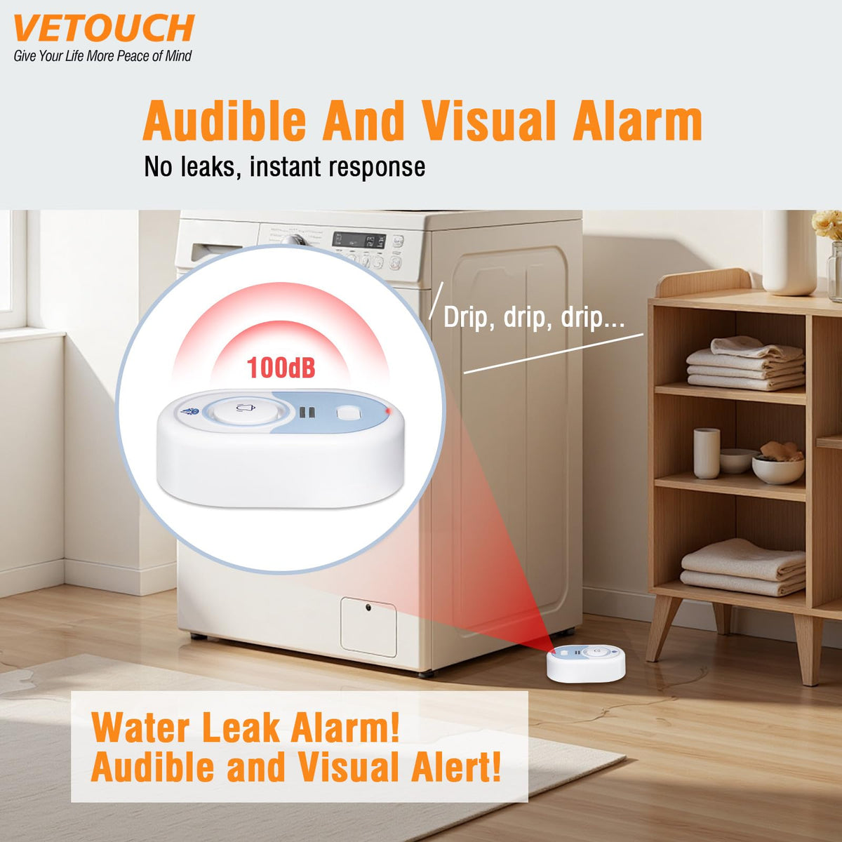 VETOUCH LED indicators show normal operation, low battery, and detected leaks.