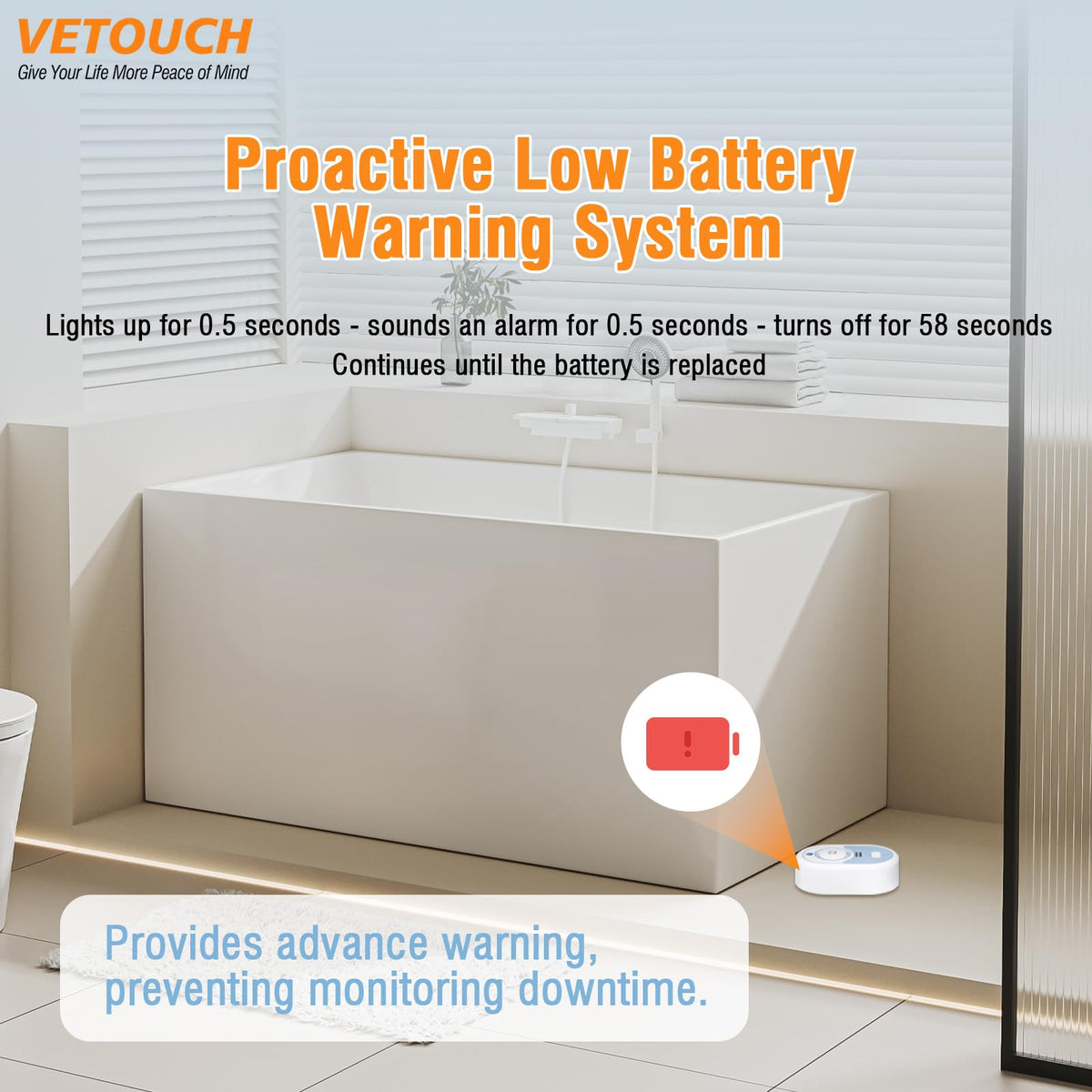 VETOUCH low battery alert flashing yellow keeps you informed.