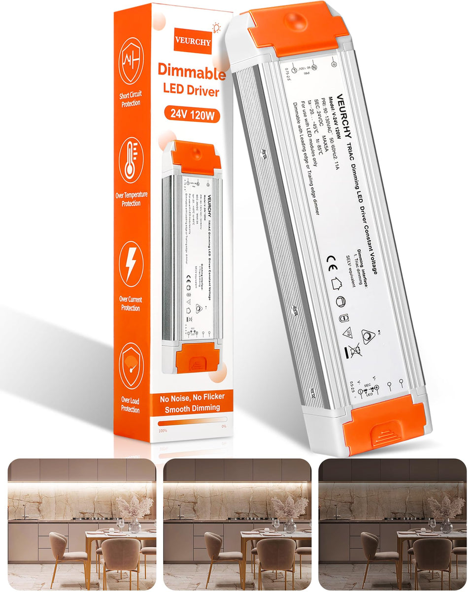 VEURCHY 120W 24V dimmable LED driver front view for versatile lighting setups