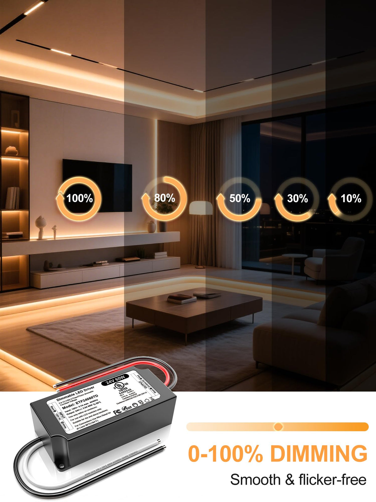 VEURCHY 24V dimmable driver back ports for easy wiring and quick installation