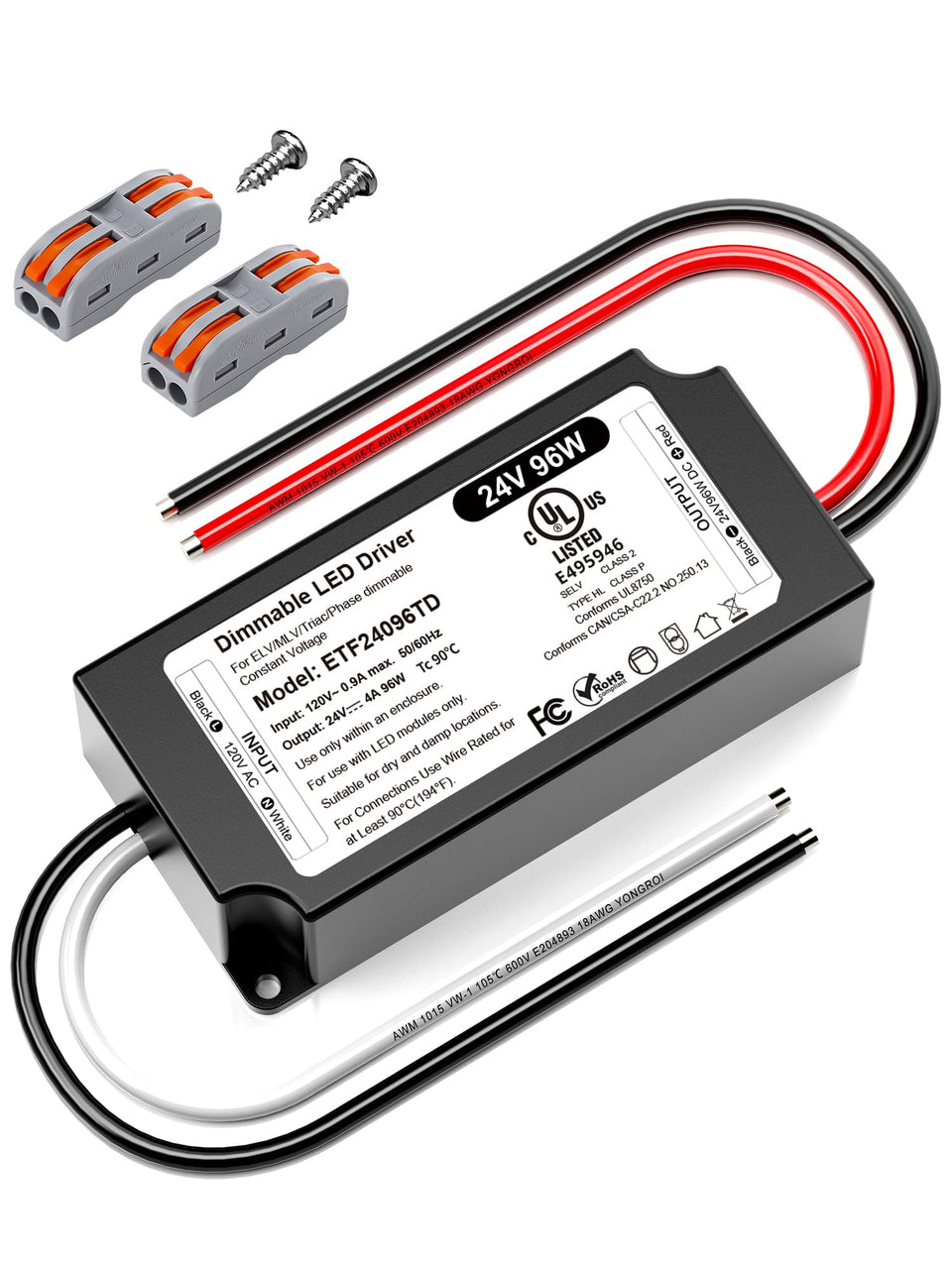 VEURCHY 96W 24V dimmable driver front view for easy installation.
