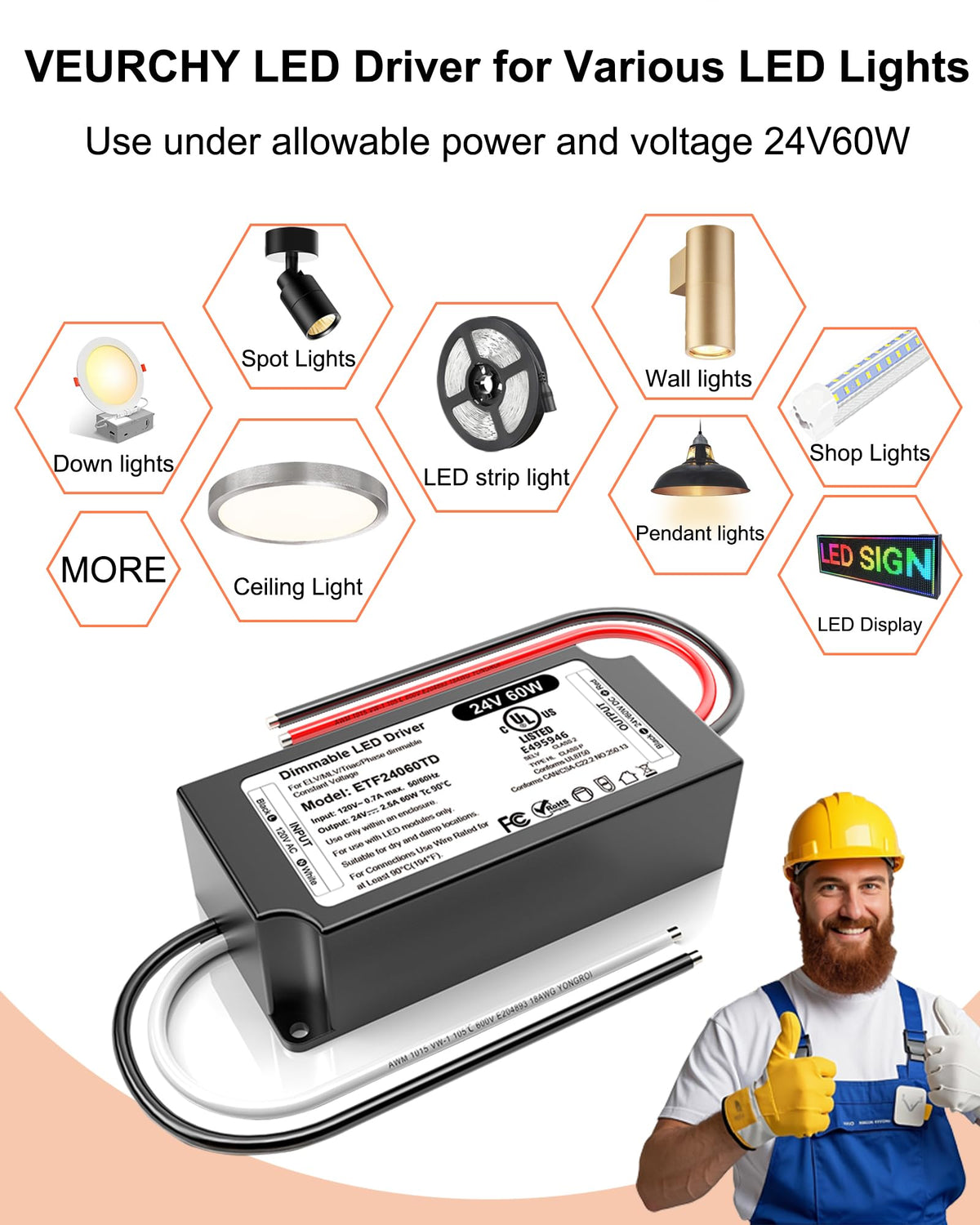 VEURCHY compact dimmer driver installs under cabinets or fixtures