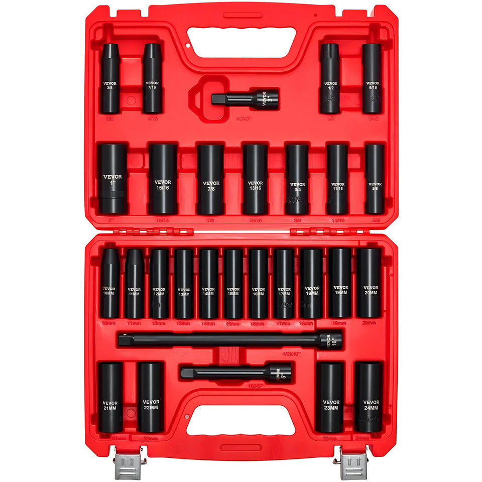 VEVOR 1/2-inch drive deep socket set for versatile fastener tasks.