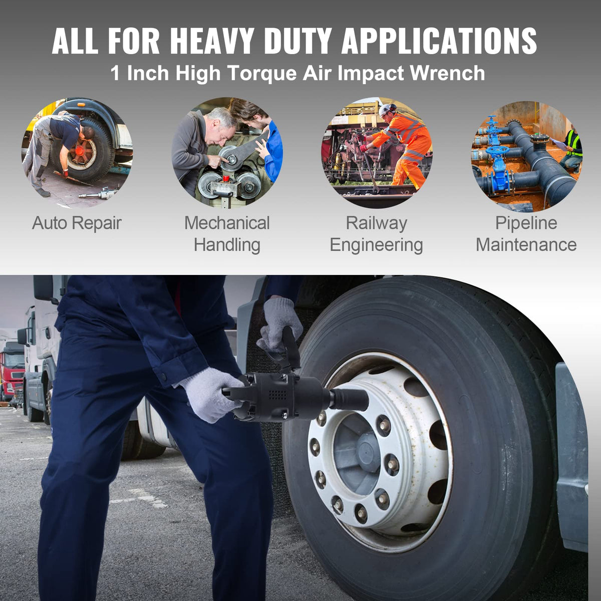 VEVOR 1-Inch air impact wrench compatibility with large fasteners