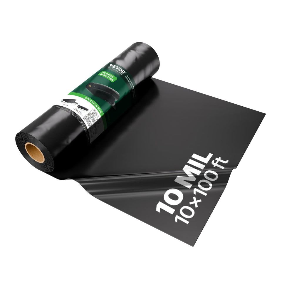 VEVOR 10mil plastic sheeting 10x100 ft roll blocks sunlight and supports weed control.