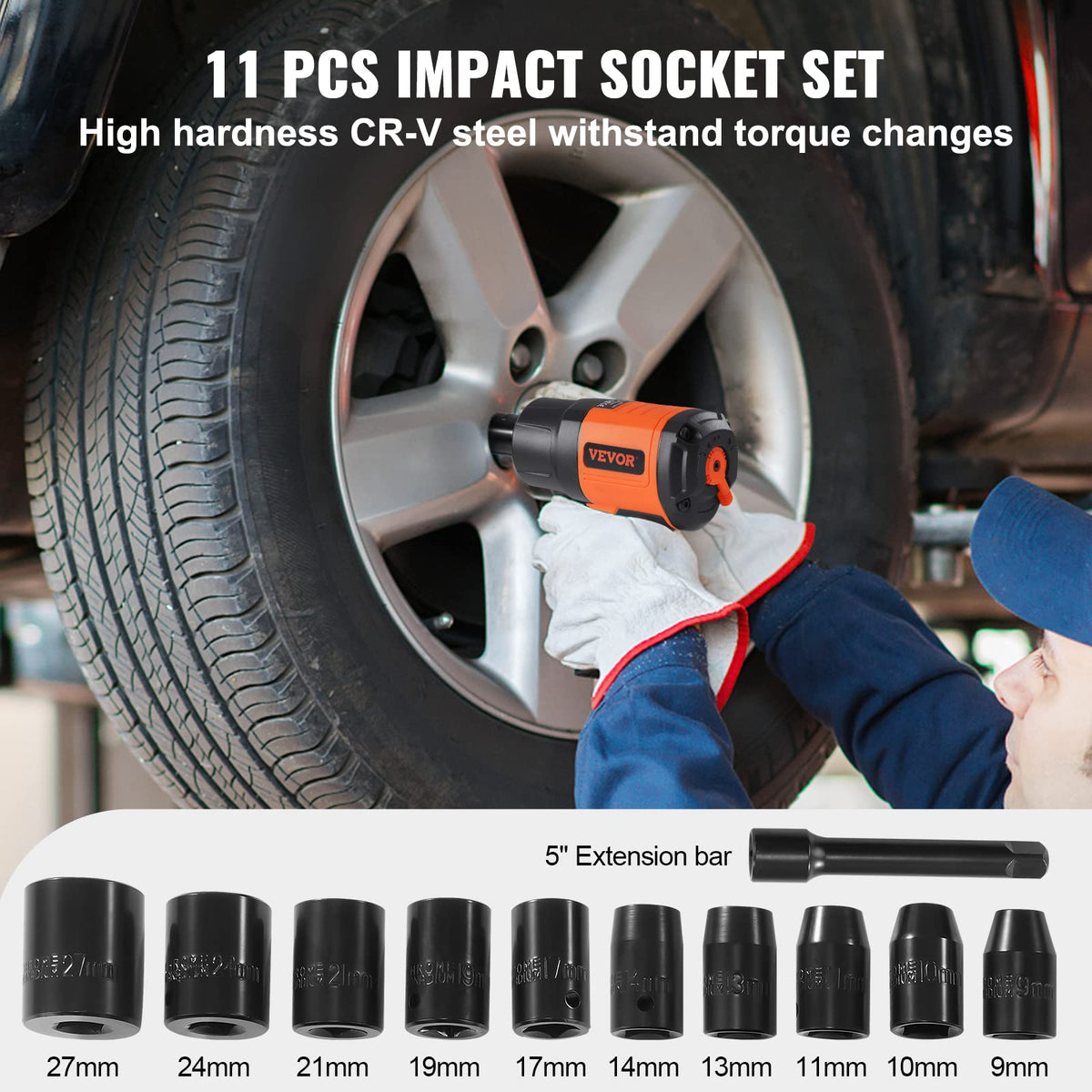 VEVOR 11-piece CR-V socket set included for common fasteners.
