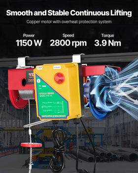 VEVOR 1150W motor with cooling fan supports continuous lifting without overheating