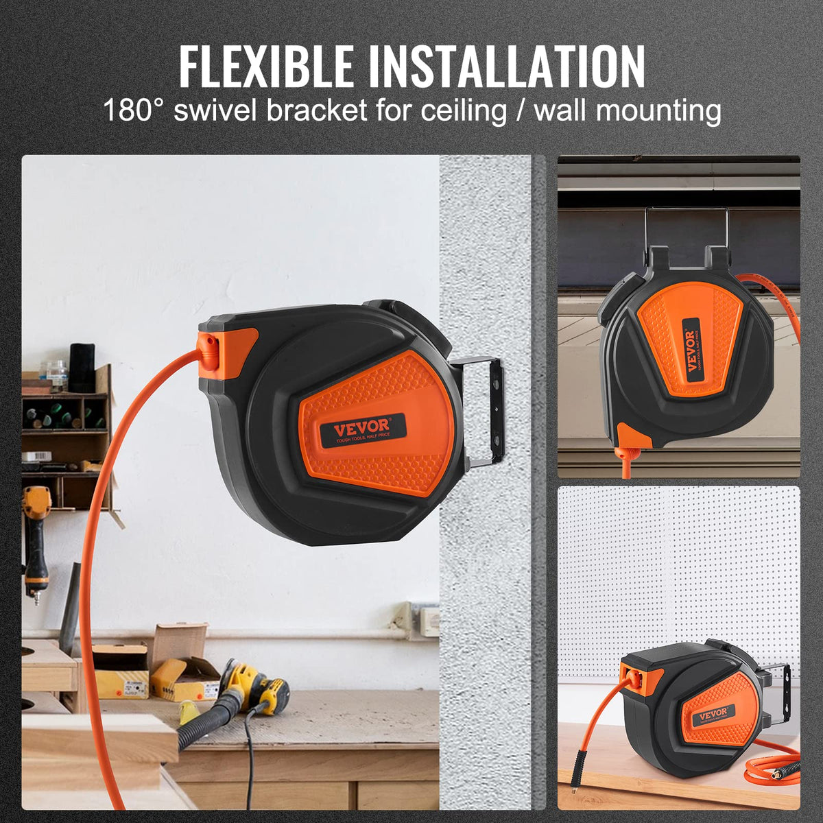 VEVOR 180-degree swivel mount bracket supports ceiling, wall, or floor installation.