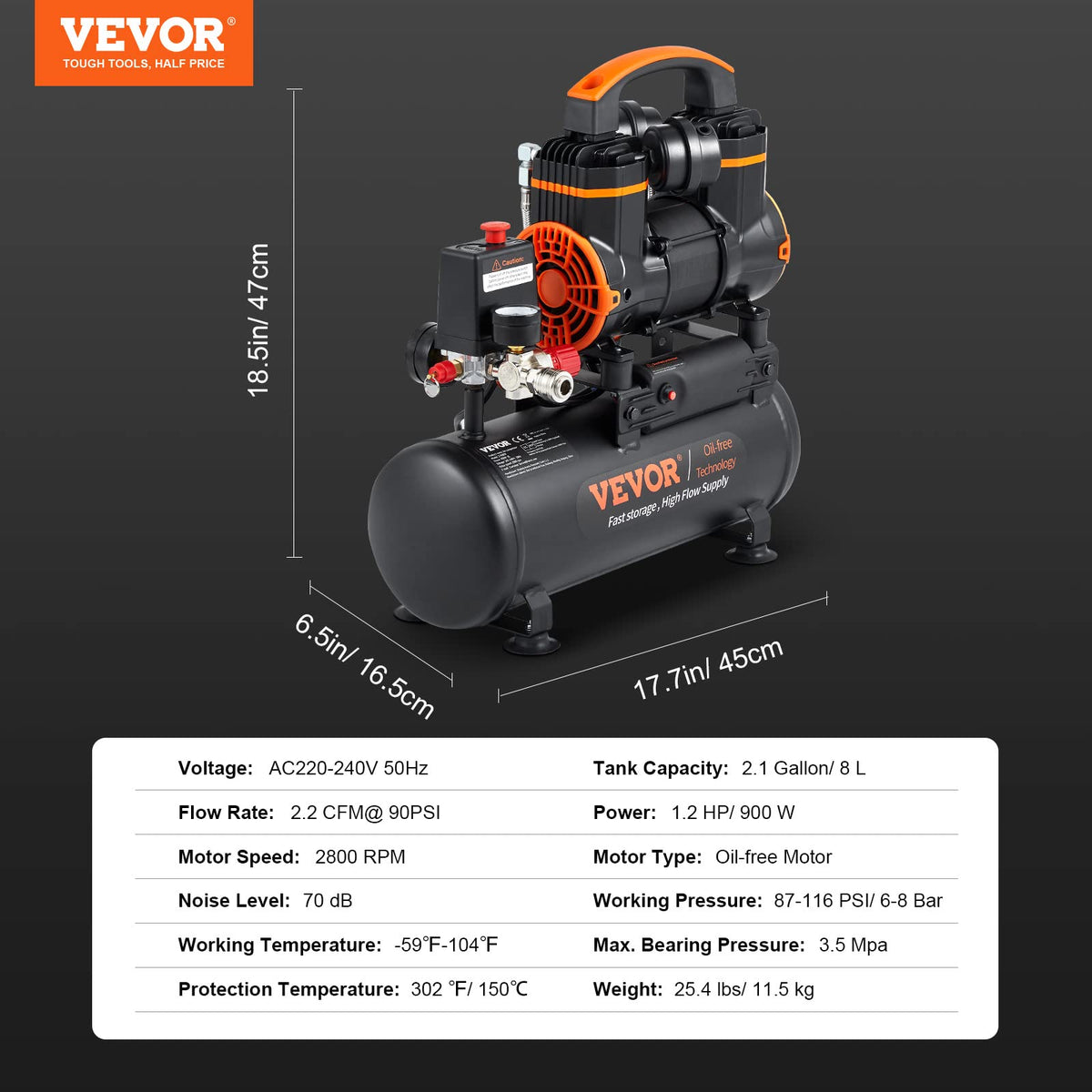 VEVOR 2.1-gallon air compressor cooling fans shot for safe operation