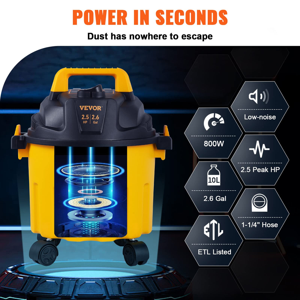 VEVOR 2.5-peak-hp motor delivers strong suction for quick cleanup.