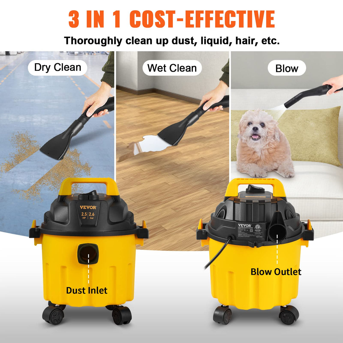 VEVOR 2.6-gallon tank reduces frequent emptying during larger cleanups.