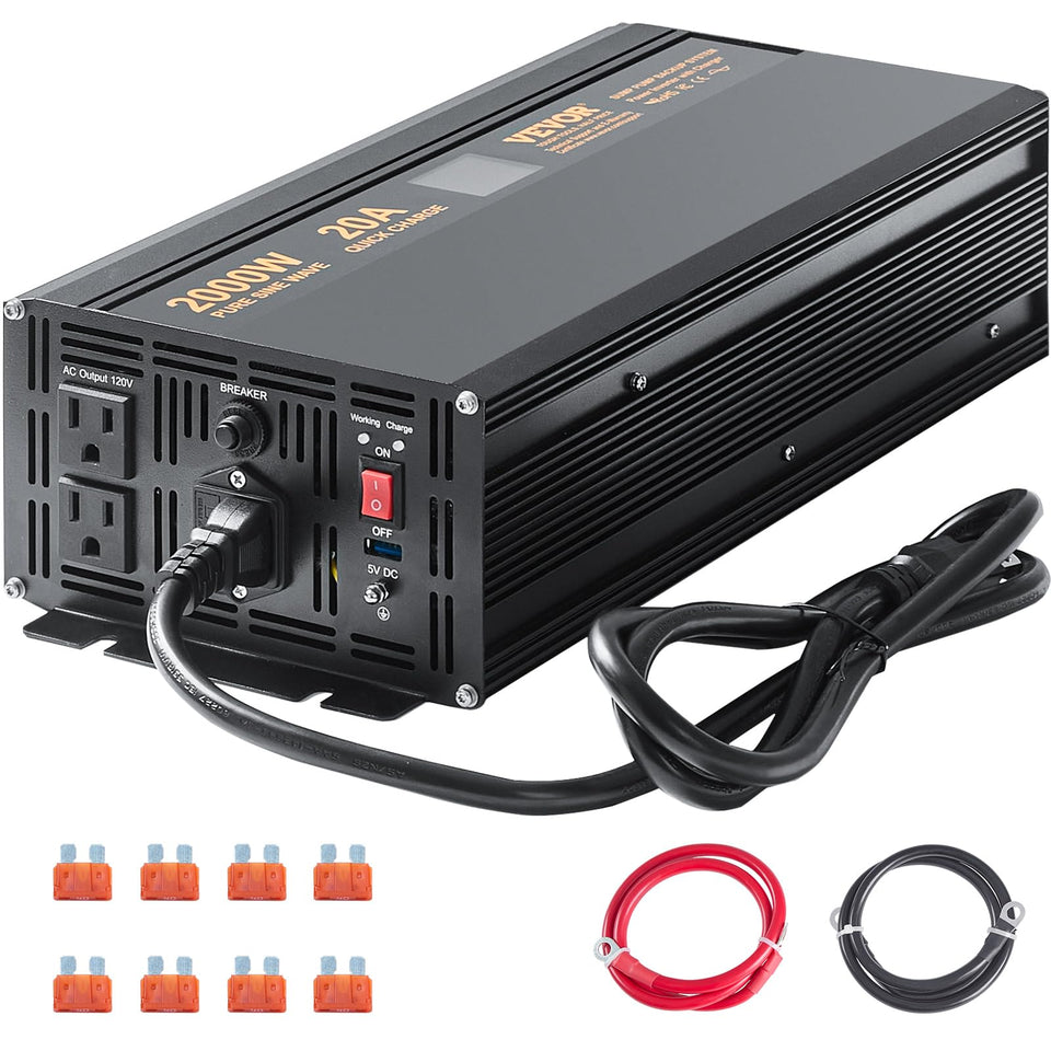 VEVOR 2000W sump pump backup with LCD display showing status and battery level