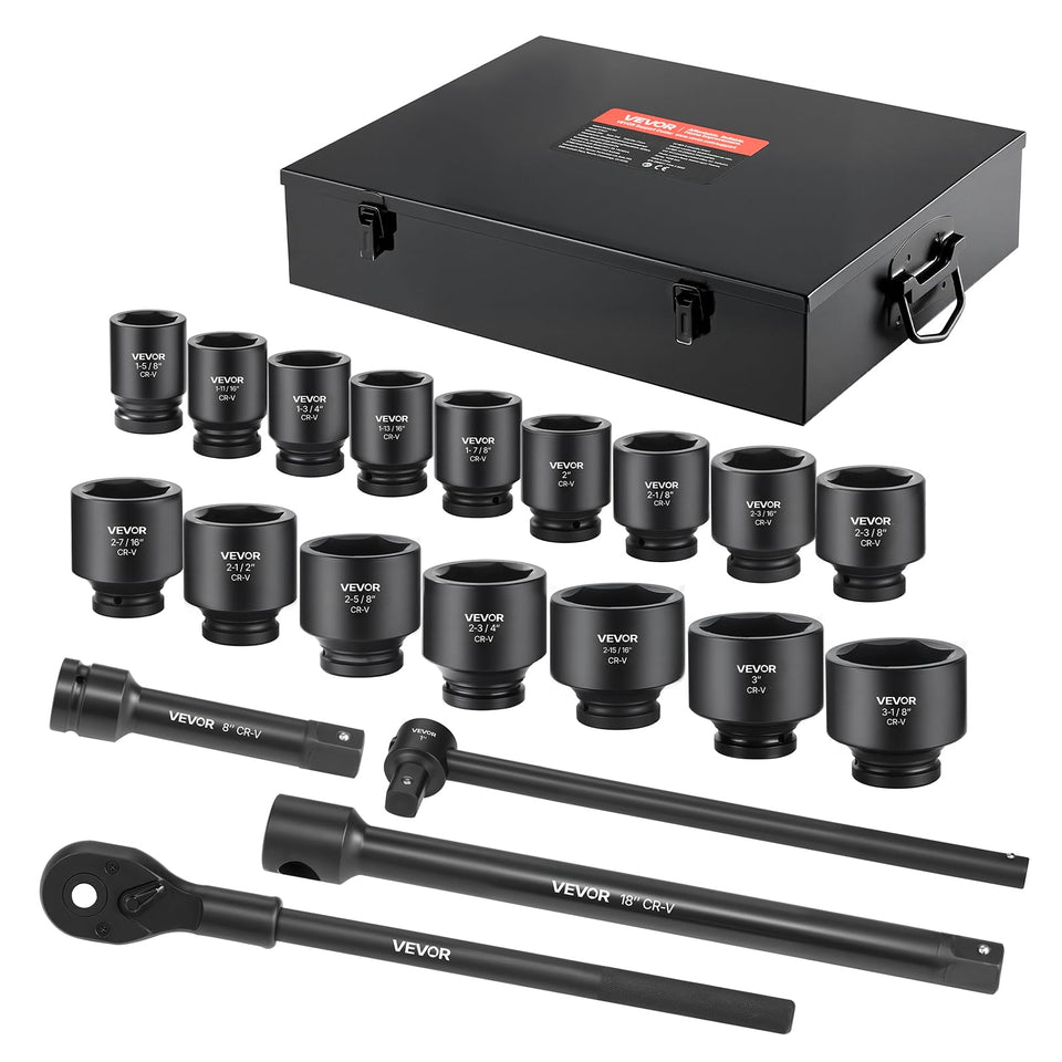 VEVOR 21-piece SAE 6-point sockets with laser sizes for quick identification