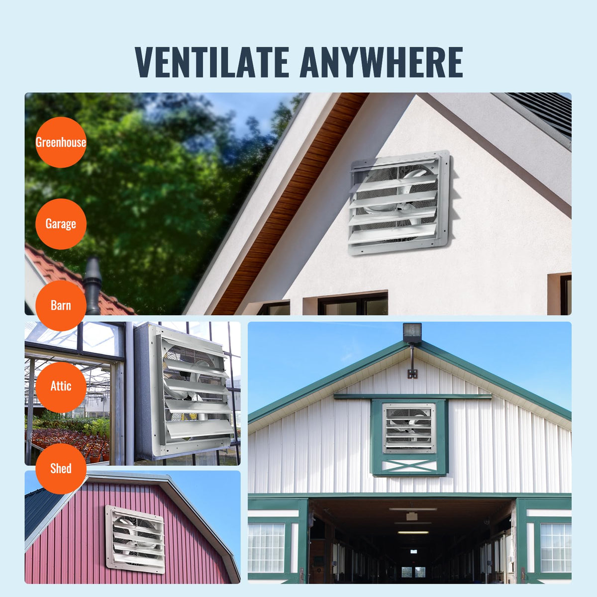 VEVOR 24-inch exhaust fan features galvanized frame and aluminum components.