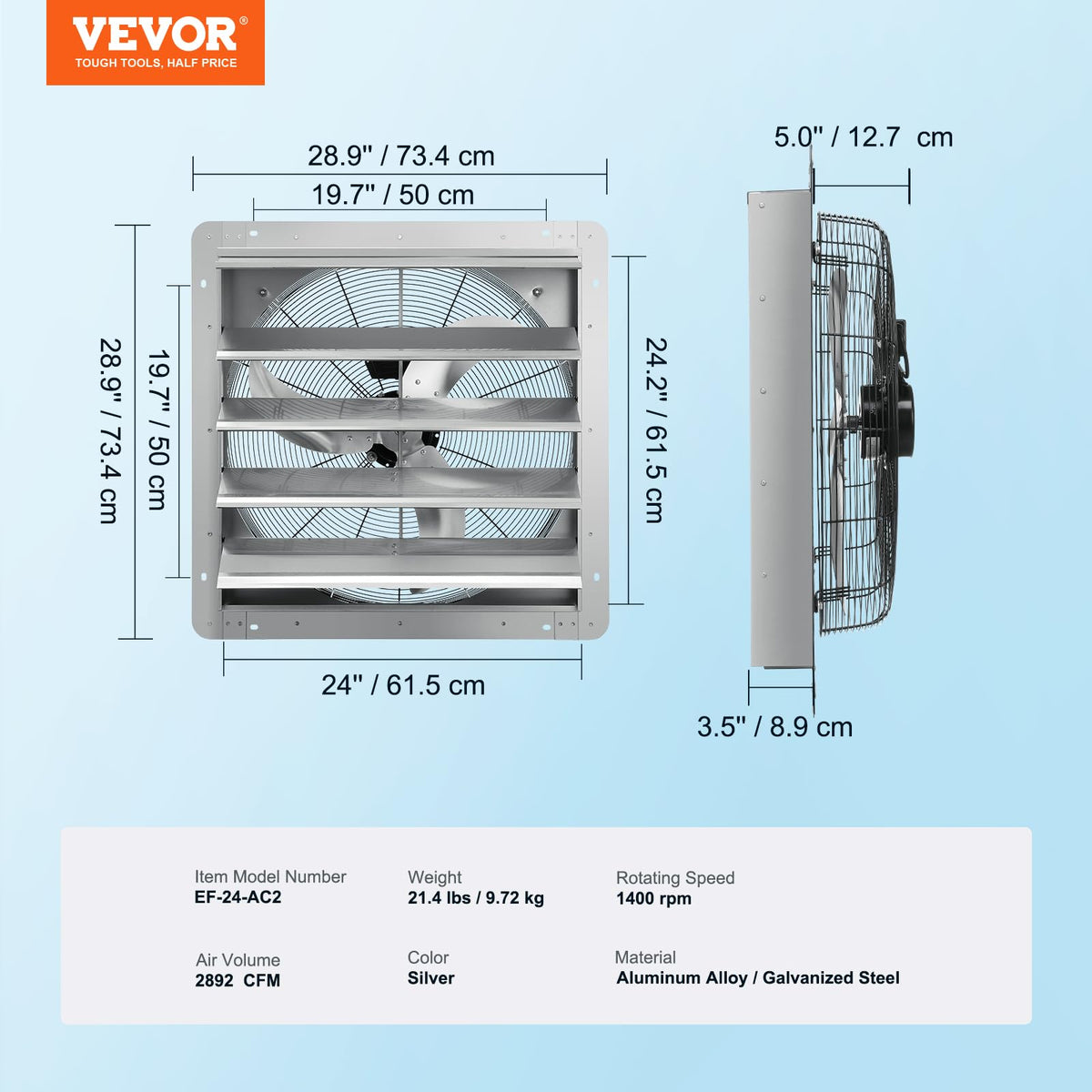 VEVOR 24-inch motor close-up with thermal protection and lubrication.