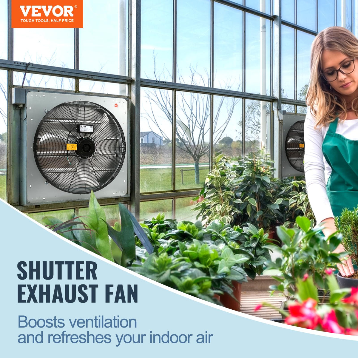 VEVOR 24-inch exhaust fan side view highlighting rugged metal construction.