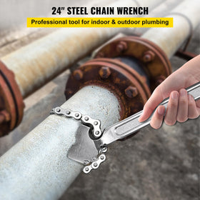 VEVOR 24-inch wrench shows a pipe being clamped on