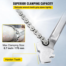 VEVOR wrench with double serrated jaws gripping a metal pipe securely