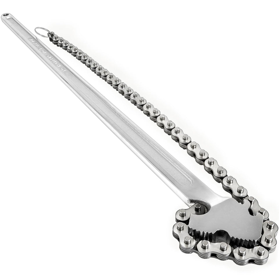 VEVOR 24-inch pipe chain wrench clamps firmly on a pipe for secure holding