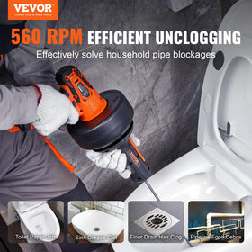 VEVOR 25ft cordless drain snake cable extending toward a blockage