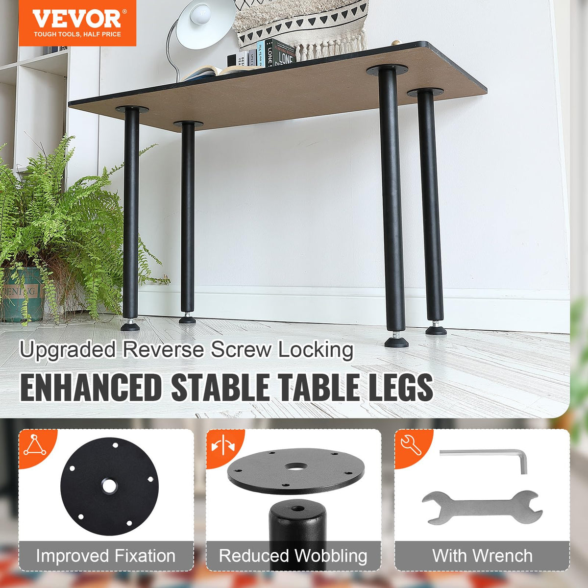 VEVOR 28-inch adjustable desk legs side profile highlighting robust frame for stability